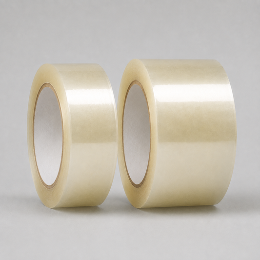 Two rolls of clear adhesive tape standing upright on a light gray background.