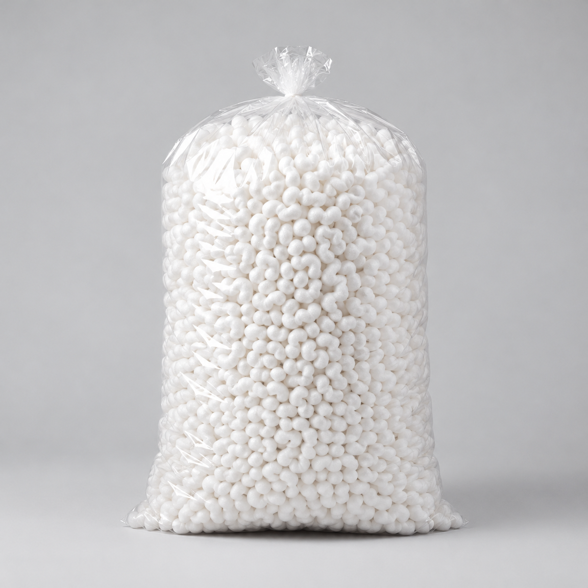 Clear bag of white packing peanuts