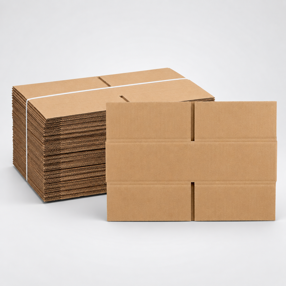 A stack of brown corrugated cardboard boxes tied with white bands, alongside a single assembled flat cardboard box panel, photographed on a clean light gray studio background.