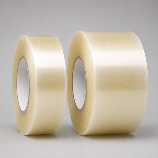 Two rolls of clear plastic tape with a warm beige tint, standing upright against a neutral gray background.