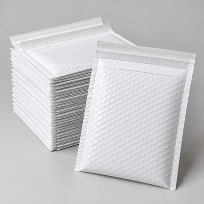 A stack of white bubble mailers