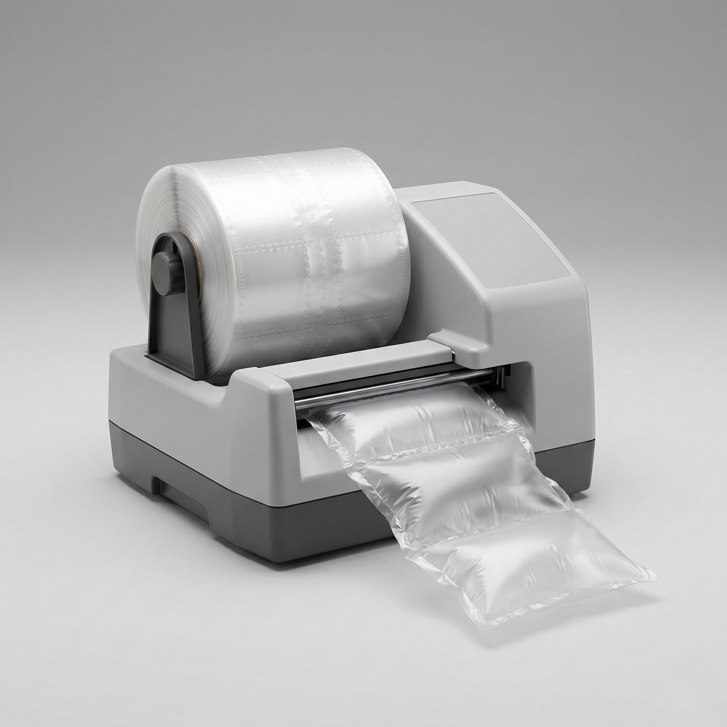 Plastic bagging machine with a roll of plastic bags on a gray background