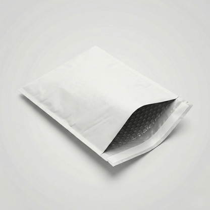 White bubble mailer on a light gray background